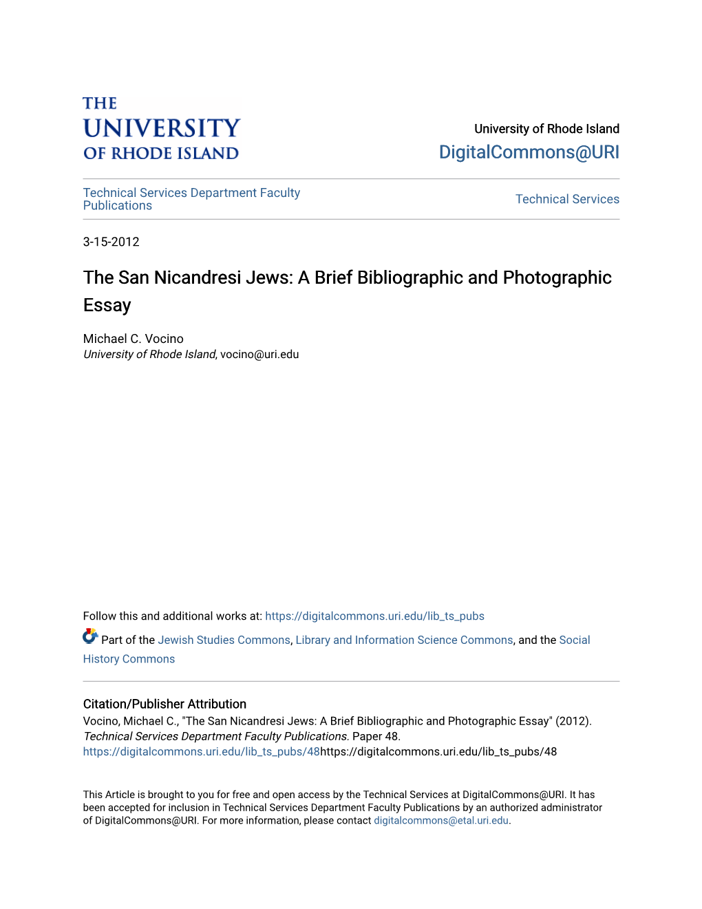 The San Nicandresi Jews: a Brief Bibliographic and Photographic Essay