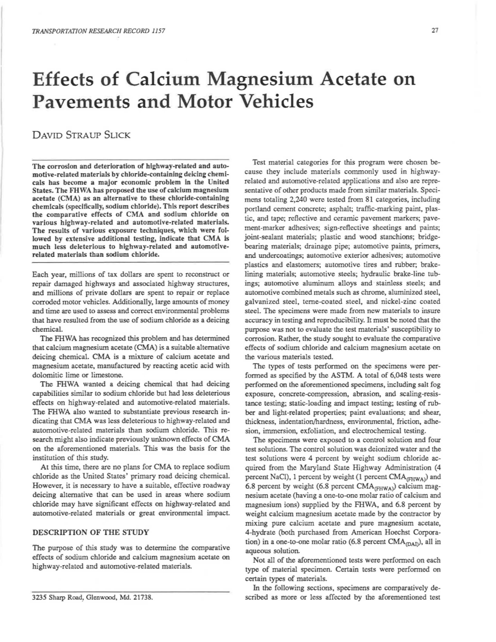 Effects of Calcium Magnesium Acetate on Pavements and Motor Vehicles