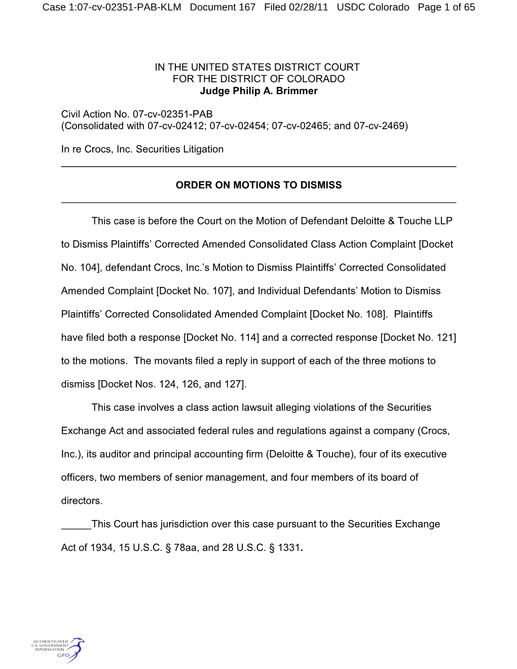 Case 1:07-Cv-02351-PAB-KLM Document 167 Filed 02/28/11 USDC Colorado Page 1 of 65