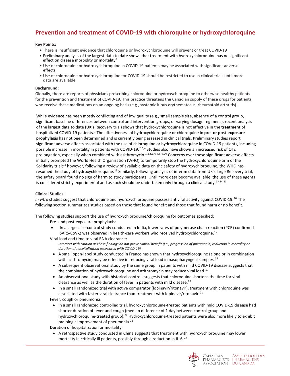 Treatment of COVID-19 with Chloroquine Or Hydroxychloroquine