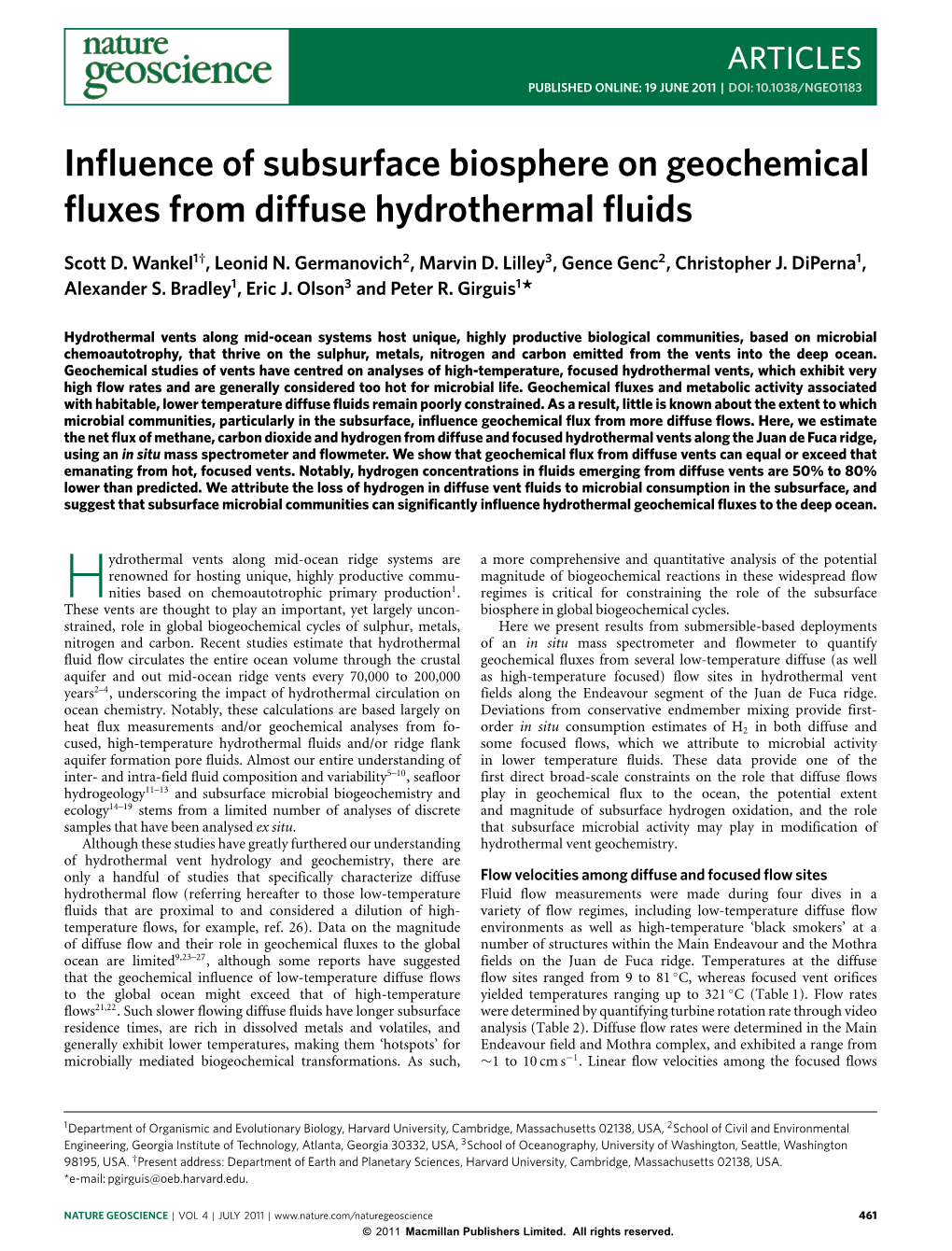 Influence of Subsurface Biosphere on Geochemical Fluxes from Diffuse Hydrothermal Fluids