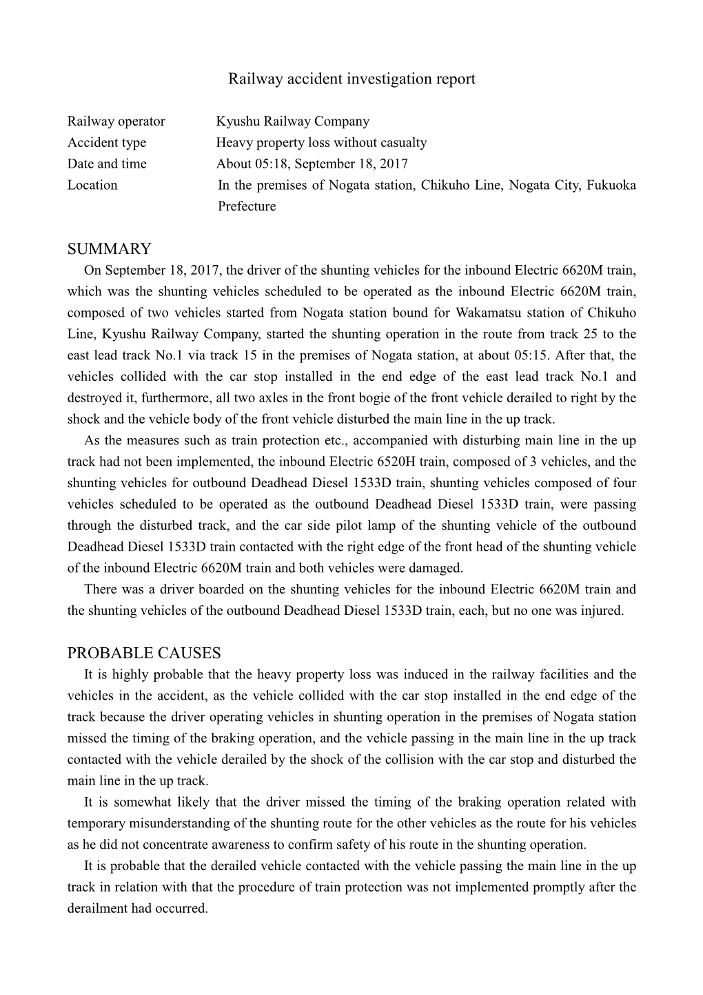 Railway Accident Investigation Report SUMMARY PROBABLE CAUSES