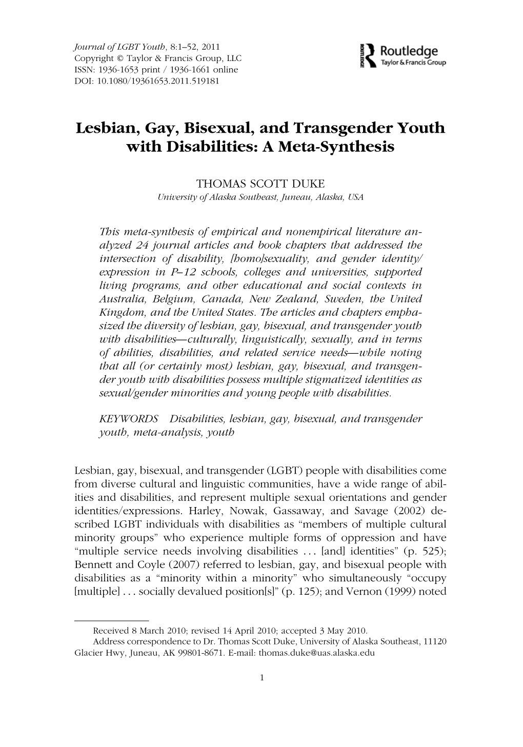 Lesbian, Gay, Bisexual, and Transgender Youth with Disabilities: a Meta-Synthesis