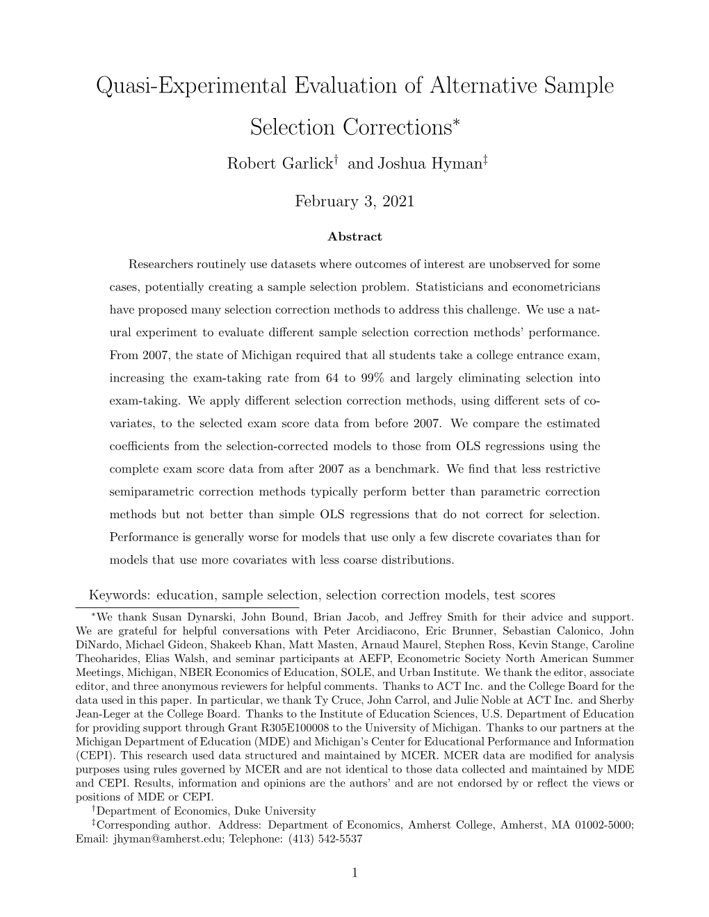 Quasi-Experimental Evaluation of Alternative Sample Selection Corrections∗