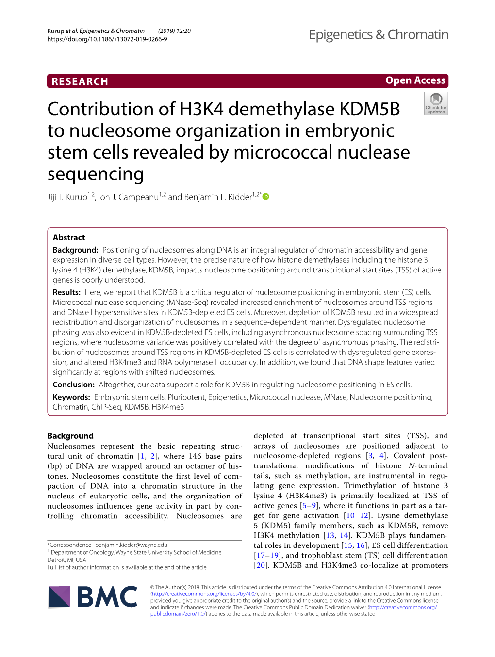 Contribution of H3K4 Demethylase KDM5B to Nucleosome Organization in Embryonic Stem Cells Revealed by Micrococcal Nuclease Sequencing Jiji T