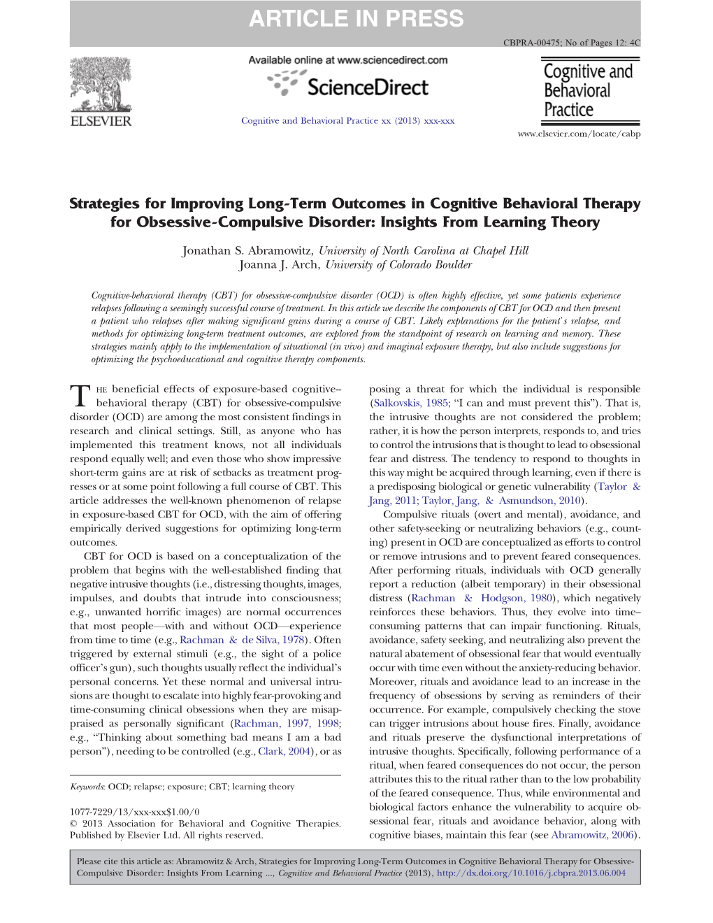 Strategies for Improving Long-Term Outcomes in Cognitive Behavioral Therapy for Obsessive-Compulsive Disorder: Insights from Learning Theory