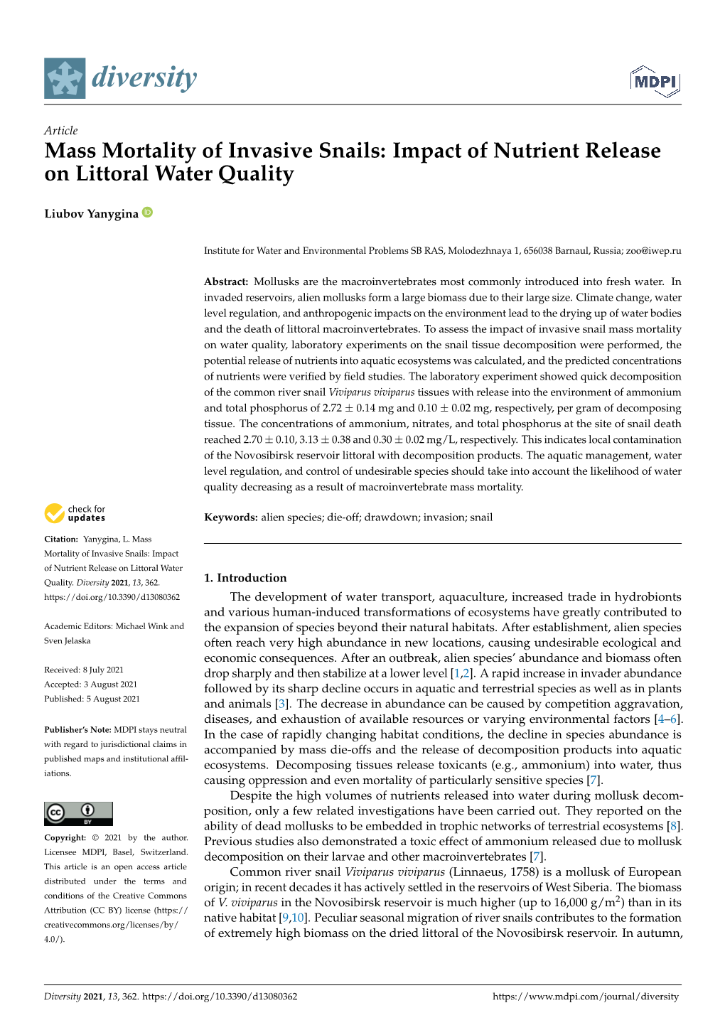 Mass Mortality of Invasive Snails: Impact of Nutrient Release on Littoral Water Quality