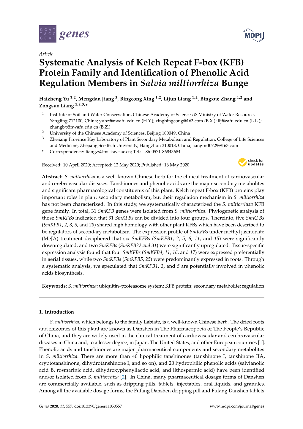Systematic Analysis of Kelch Repeat F-Box (KFB) Protein Family and Identiﬁcation of Phenolic Acid Regulation Members in Salvia Miltiorrhiza Bunge