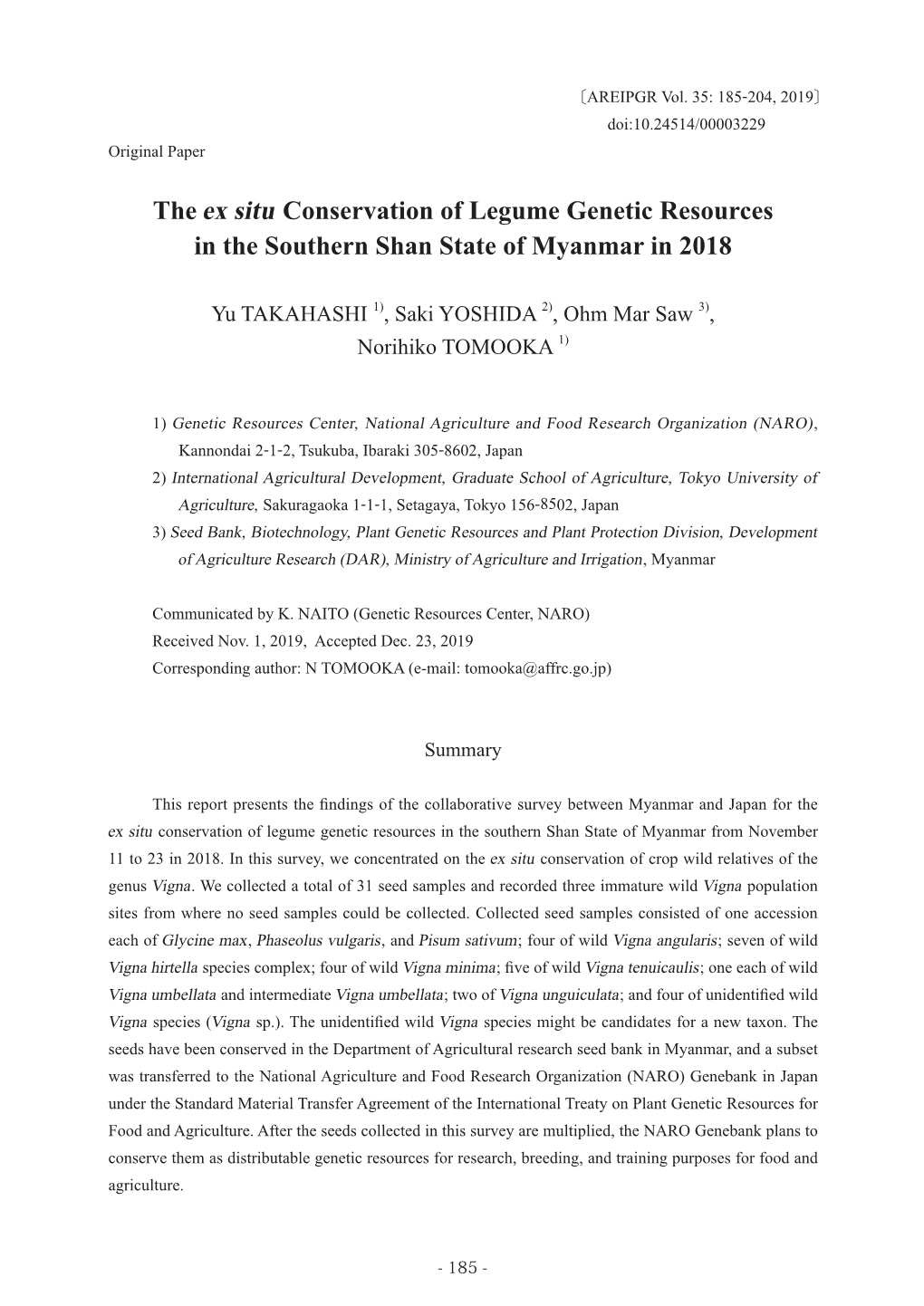 The Ex Situ Conservation of Legume Genetic Resources in the Southern Shan State of Myanmar in 2018