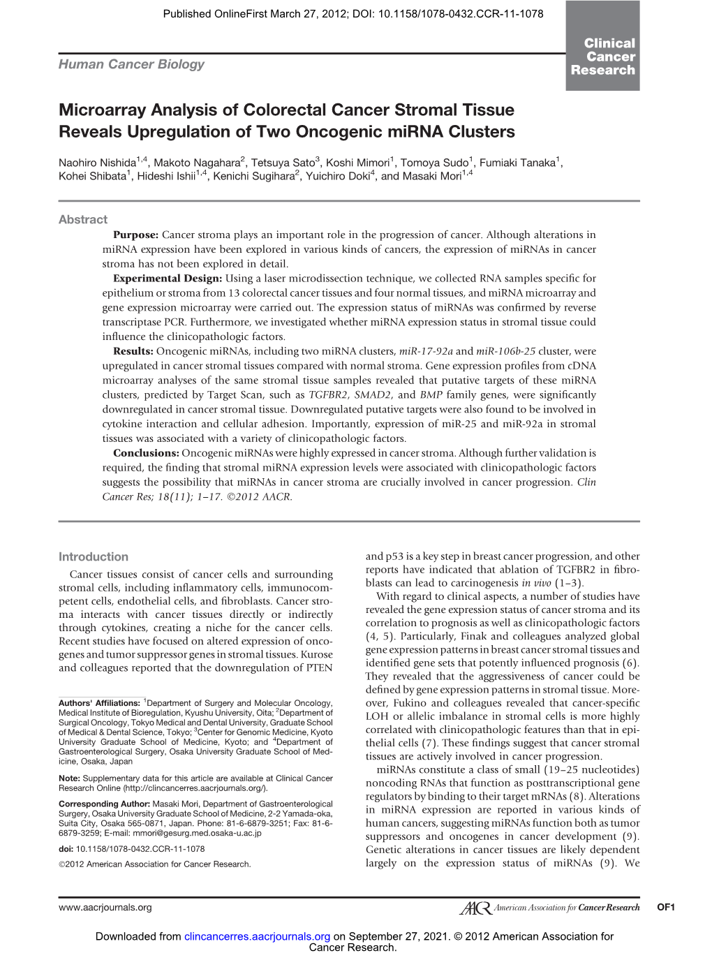 Microarray Analysis of Colorectal Cancer Stromal Tissue Reveals Upregulation of Two Oncogenic Mirna Clusters