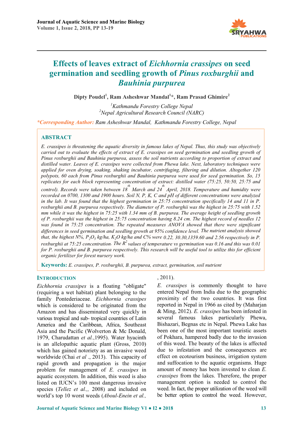 Effects of Leaves Extract of Eichhornia Crassipes on Seed Germination and Seedling Growth of Pinus Roxburghii and Bauhinia Purpurea