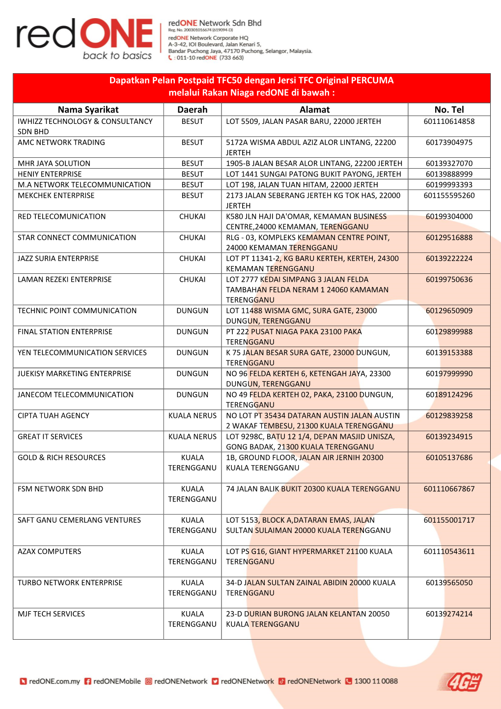 Dapatkan Pelan Postpaid TFC50 Dengan Jersi TFC Original PERCUMA Melalui Rakan Niaga Redone Di Bawah : Nama Syarikat Daerah Alamat No
