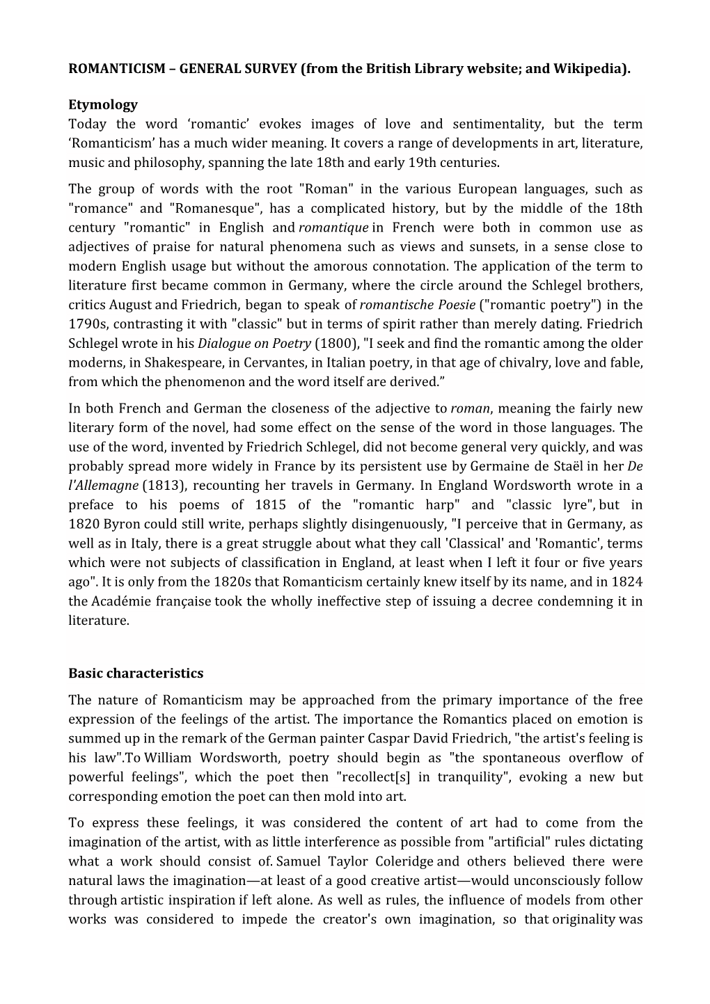 ROMANTICISM – GENERAL SURVEY (From the British Library Website; and Wikipedia)