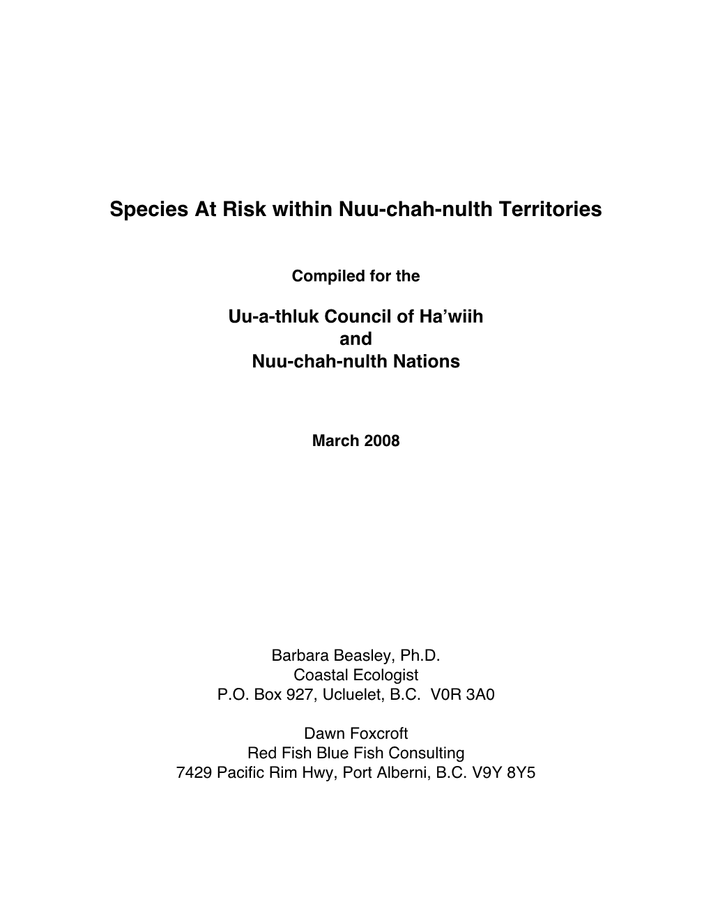 Species at Risk Within Nuu-Chah-Nulth Territories