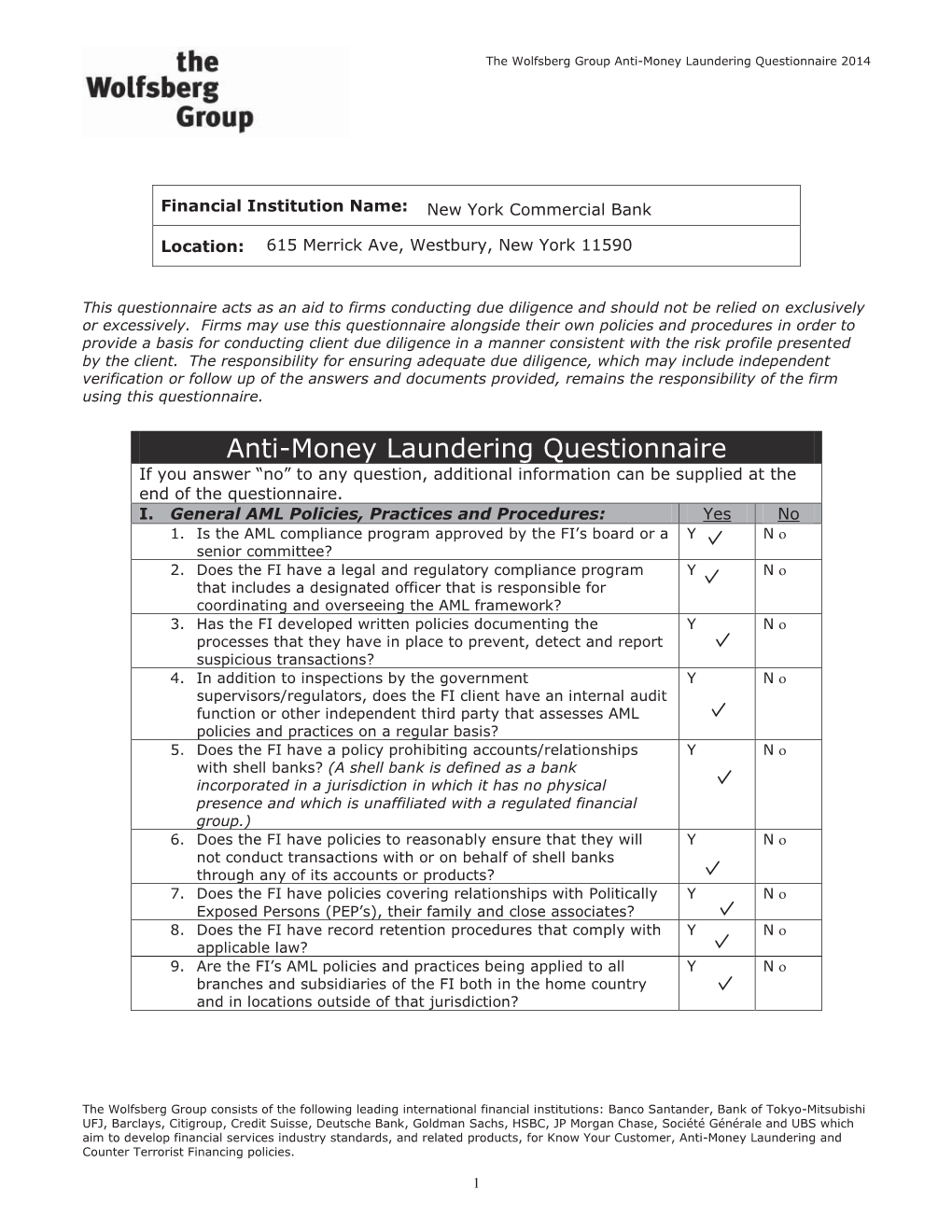 Anti-Money Laundering Questionnaire 2014