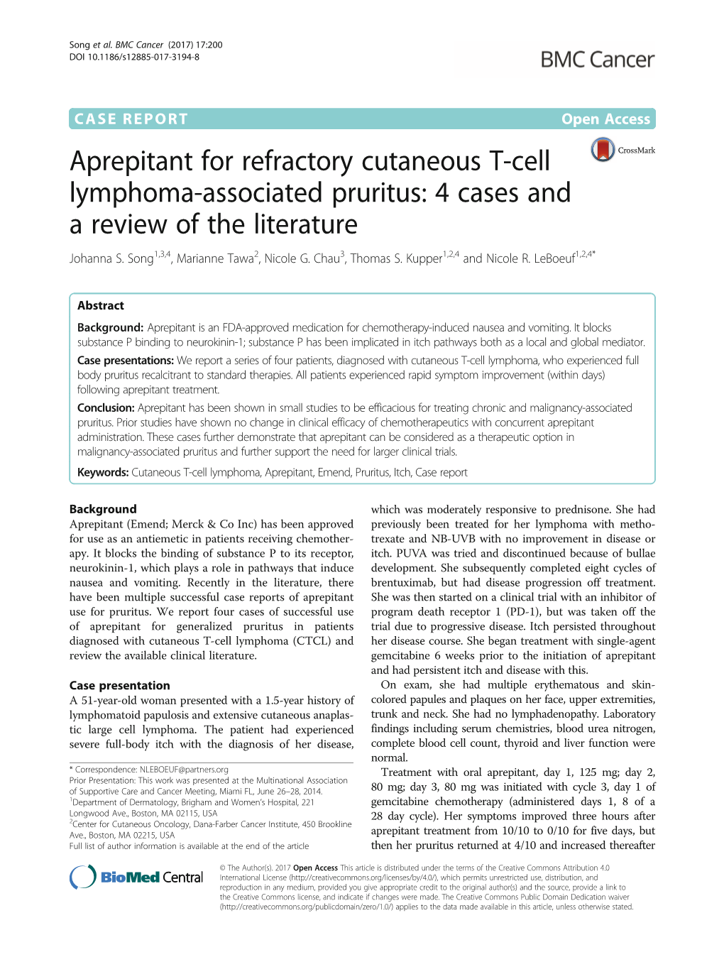 Aprepitant for Refractory Cutaneous T-Cell Lymphoma-Associated Pruritus: 4 Cases and a Review of the Literature Johanna S