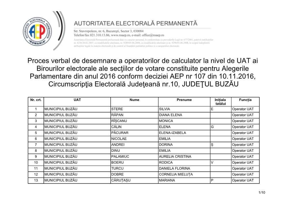 Proces Verbal De Desemnare a Operatorilor De Calculator La Nivel De