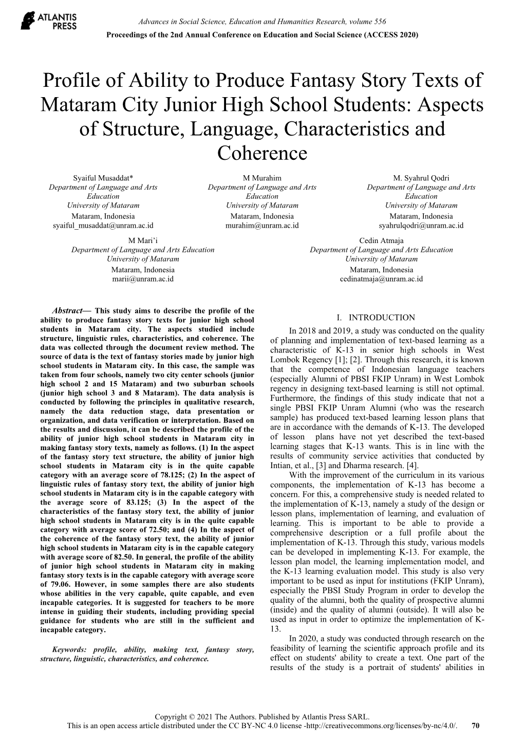 Profile of Ability to Produce Fantasy Story Texts of Mataram City Junior High School Students: Aspects of Structure, Language, Characteristics and Coherence
