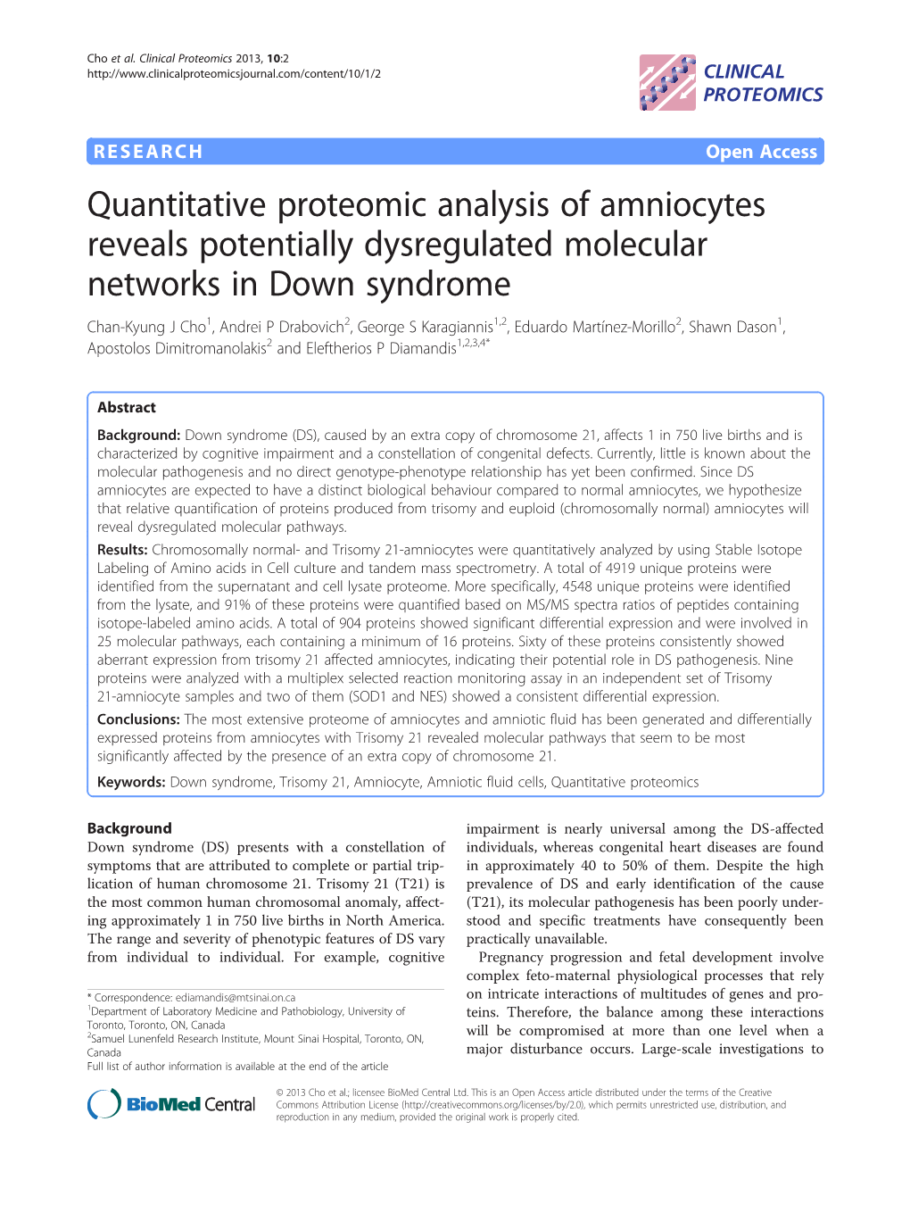 Quantitative Proteomic Analysis of Amniocytes Reveals Potentially Dysregulated Molecular Networks in Down Syndrome