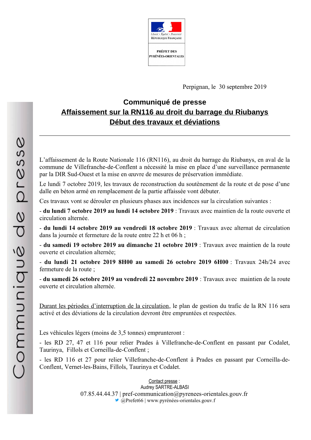 Communiqué De Presse Affaissement Sur La RN116 Au Droit Du Barrage Du Riubanys Début Des Travaux Et Déviations