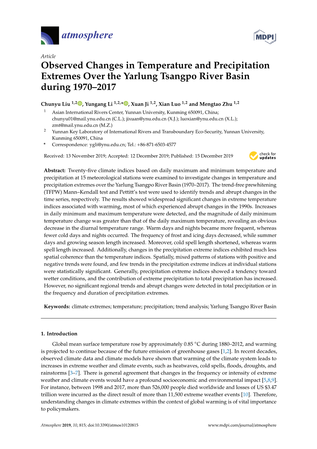 Observed Changes in Temperature and Precipitation Extremes Over the Yarlung Tsangpo River Basin During 1970–2017