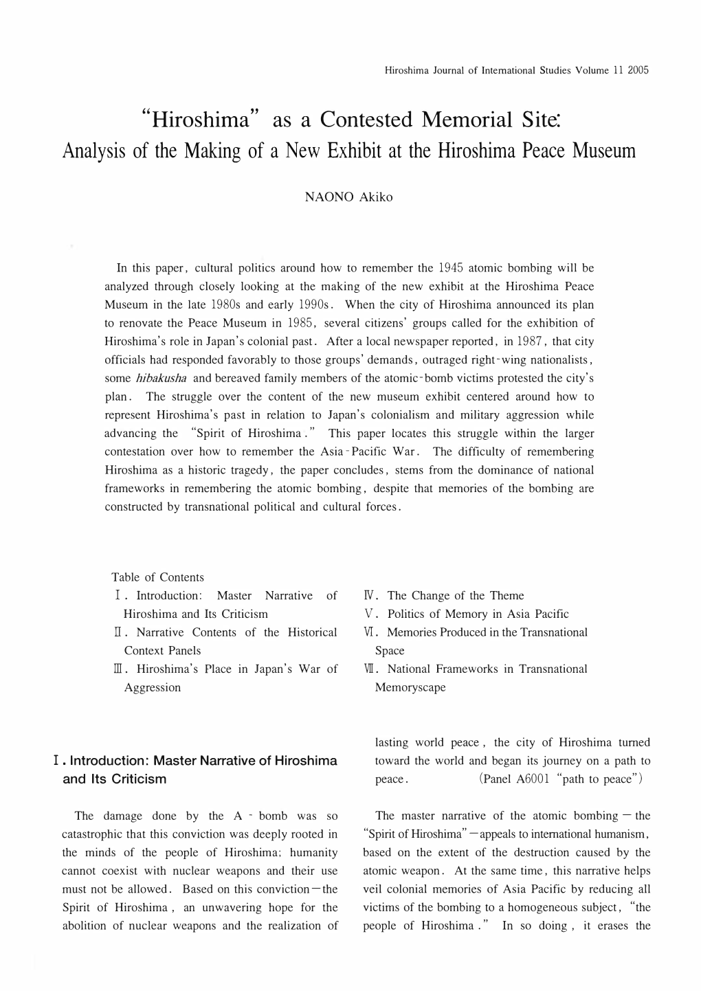 "Hiroshima" As a Contested Memorial Site: Analysis of the Making of a New Exhibit at the Hiroshima Peace Museum