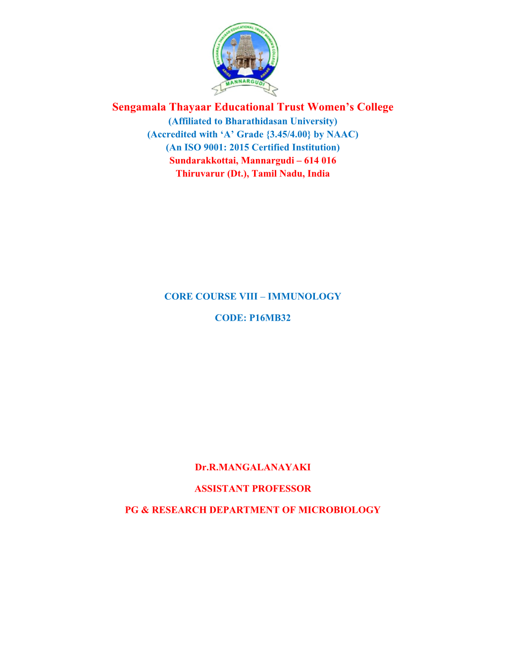 Sengamala Thayaar Educational Trust Women's College
