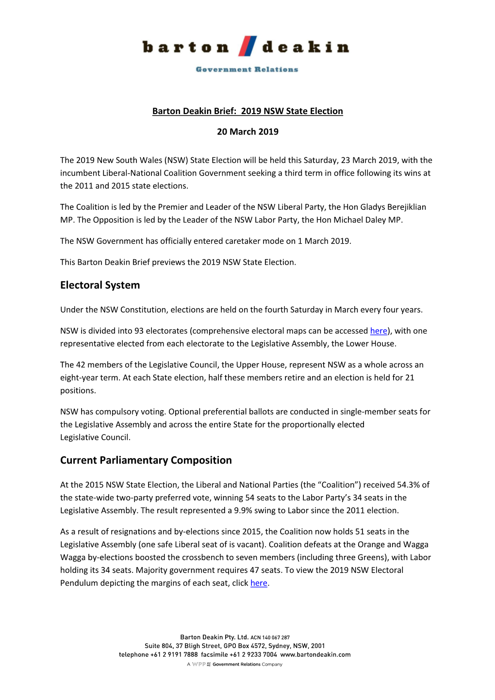 Barton Deakin Brief: 2019 NSW State Election 20 March 2019