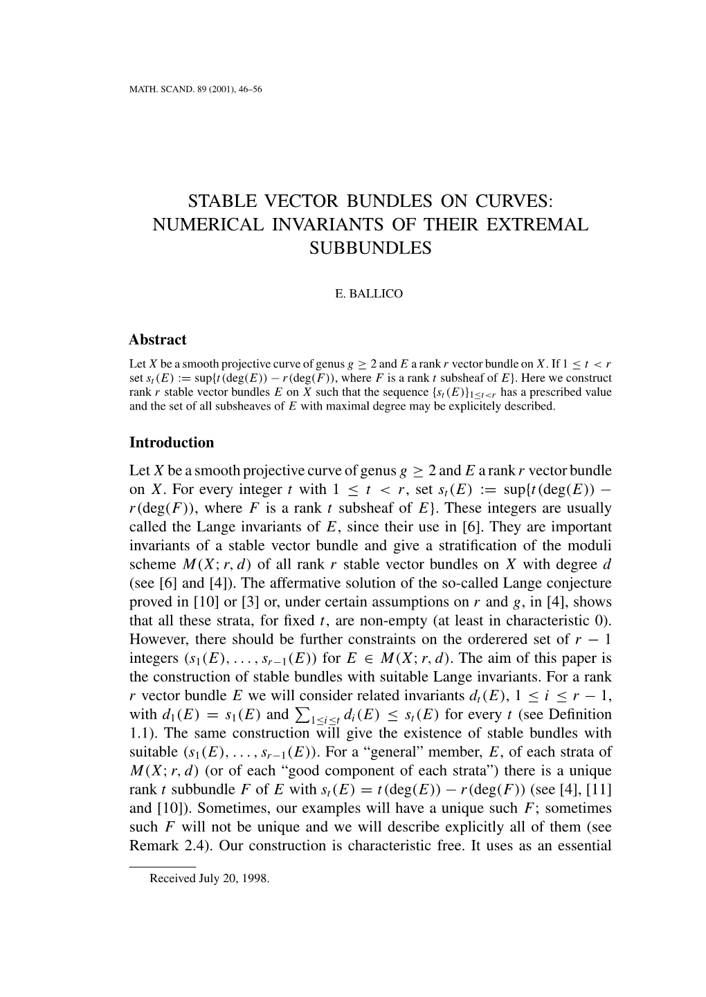 Stable Vector Bundles on Curves: Numerical Invariants of Their Extremal Subbundles
