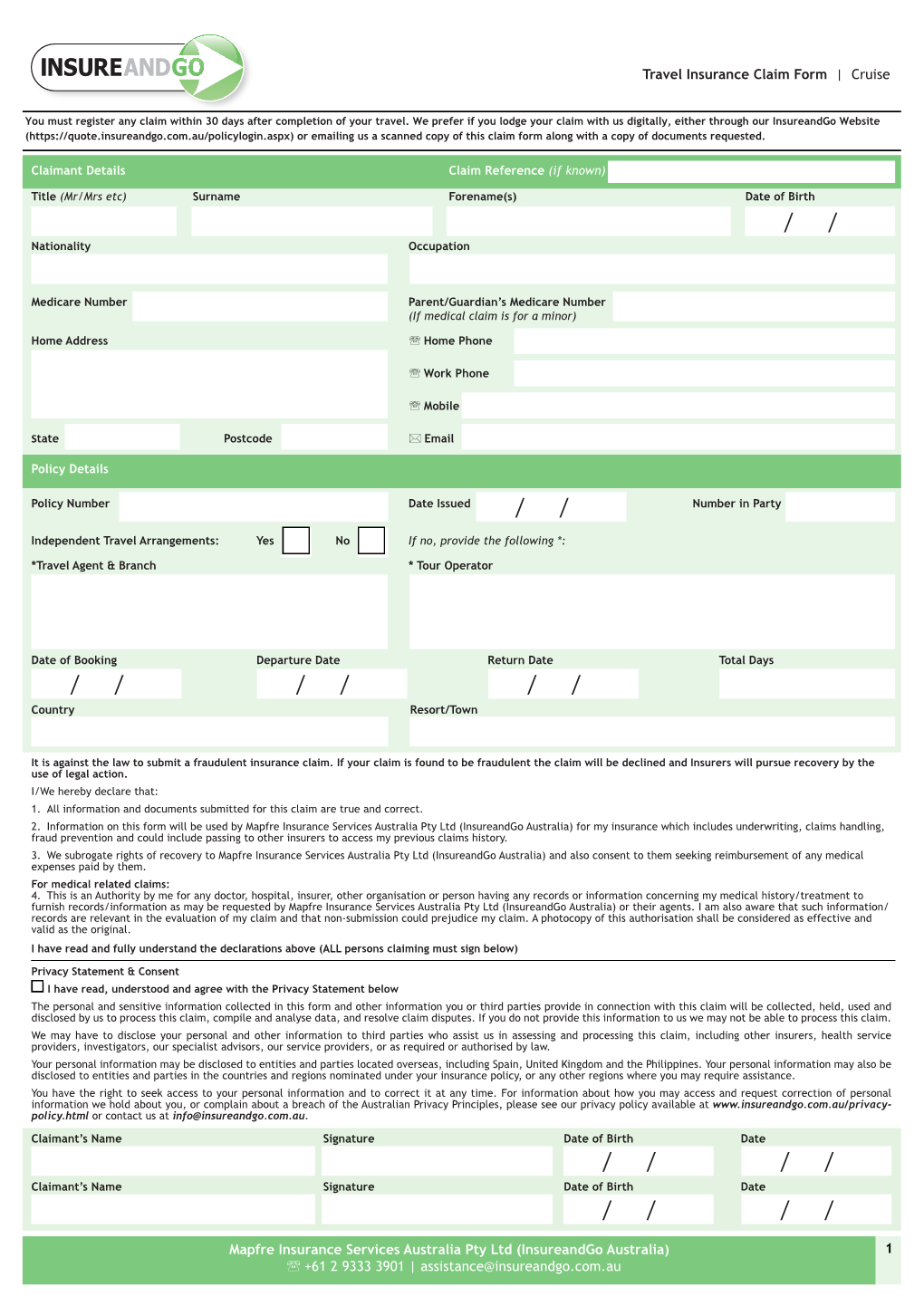 Travel Insurance Claim Form | Cruise Mapfre Insurance Services