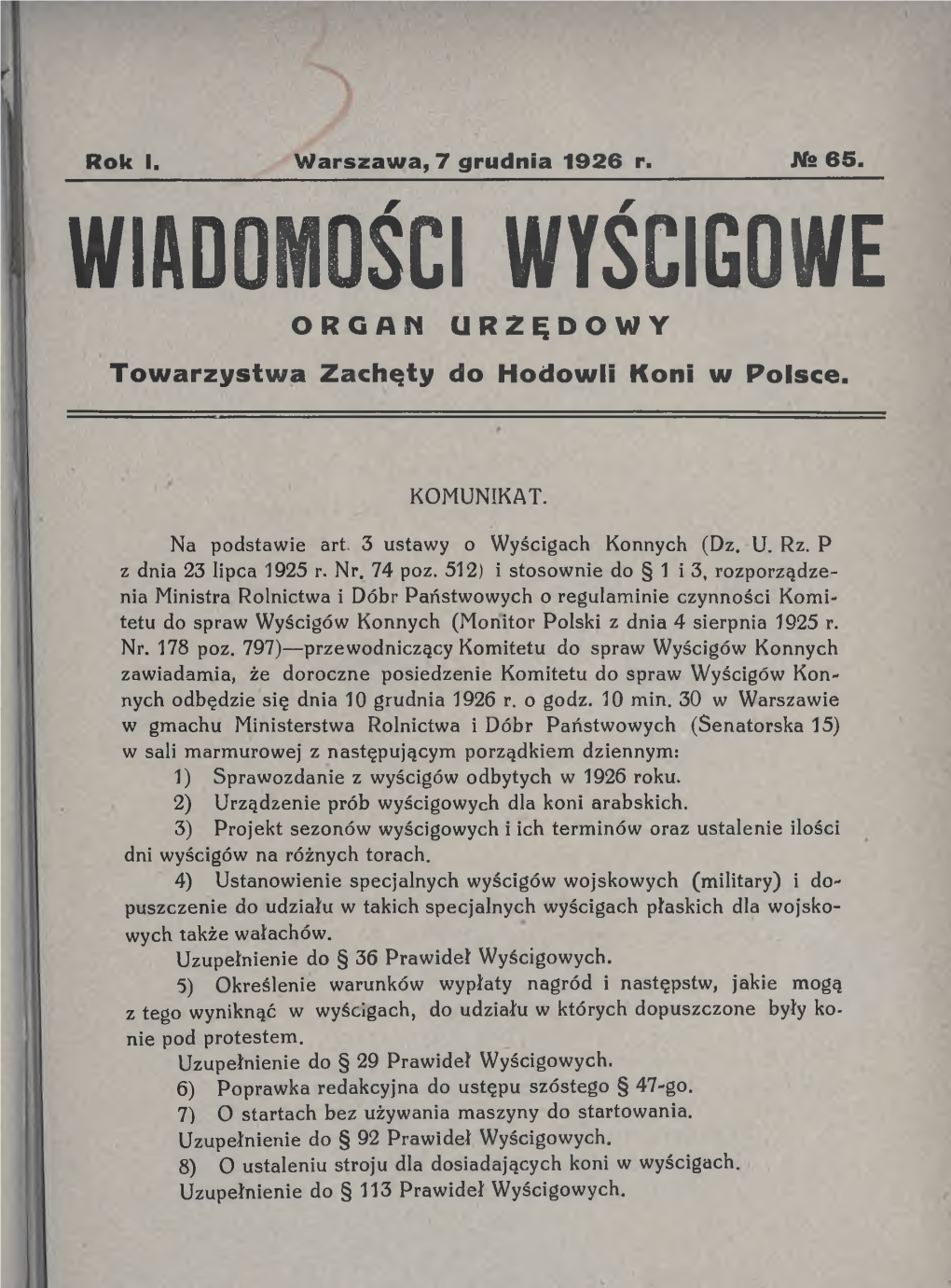 WIADOMOŚCI WYŚCIGOWE ORGAN URZĘDOWY Towarzystwa Zachęty Do Hodowli Koni W Polsce