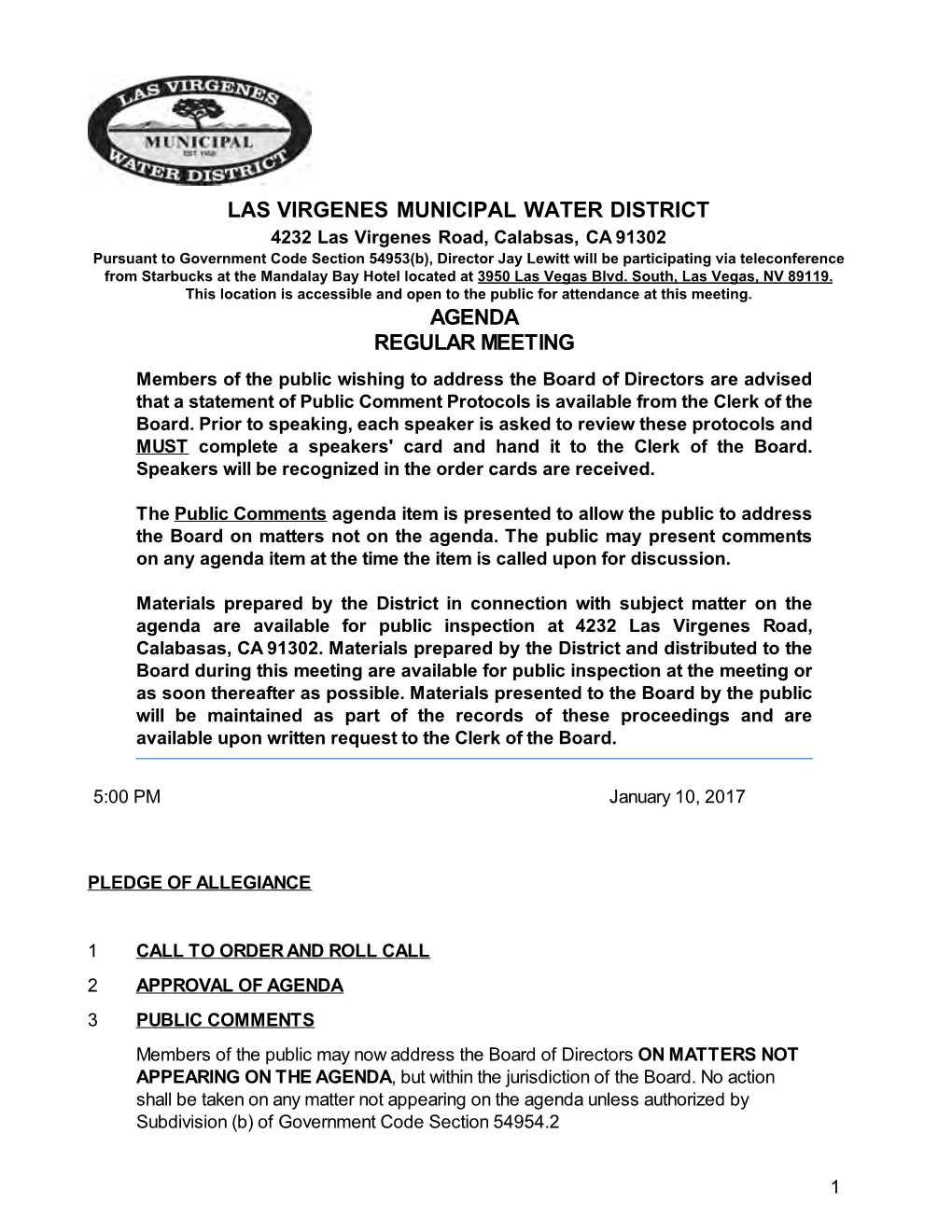 Las Virgenes Municipal Water District Agenda Regular Meeting