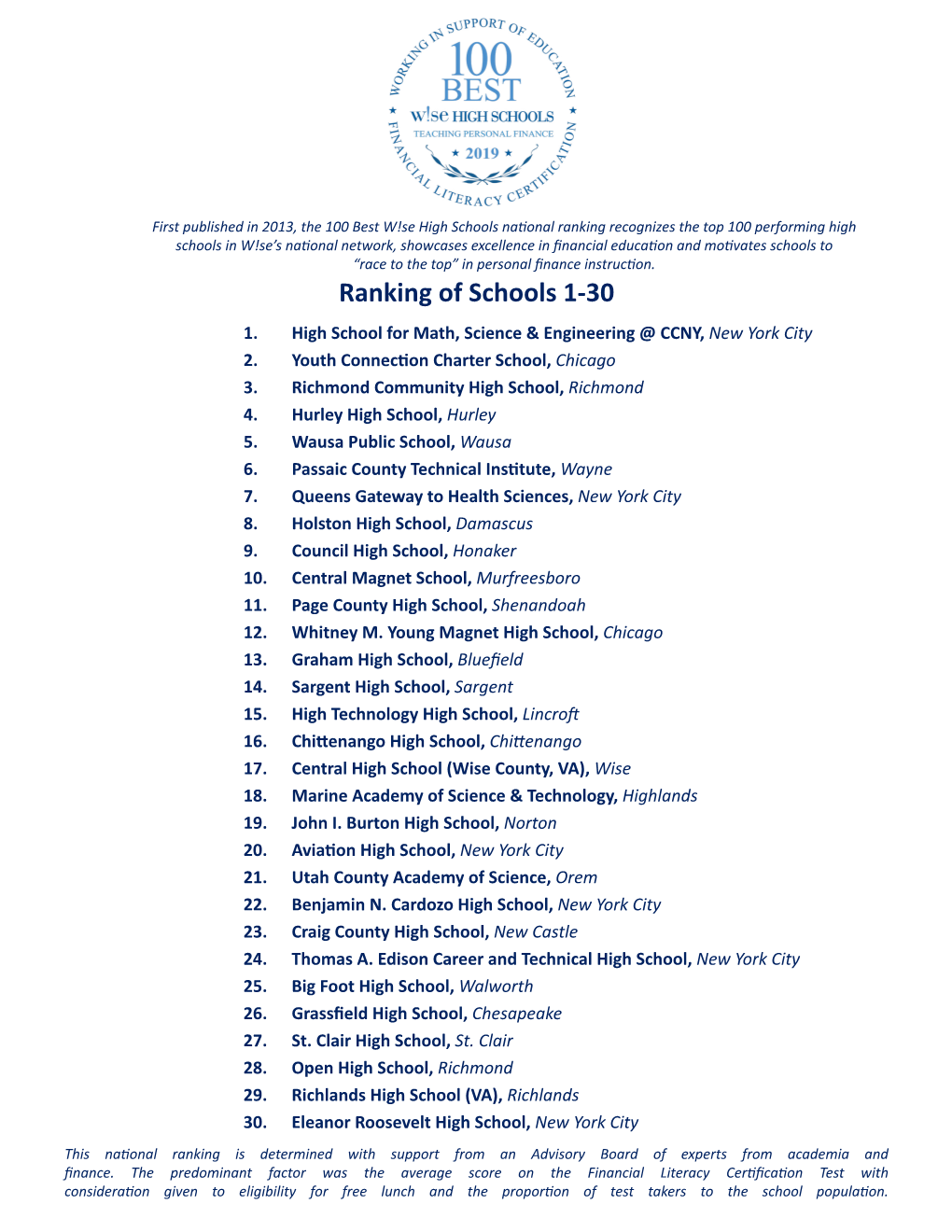 Ranking of Schools 1-30 1