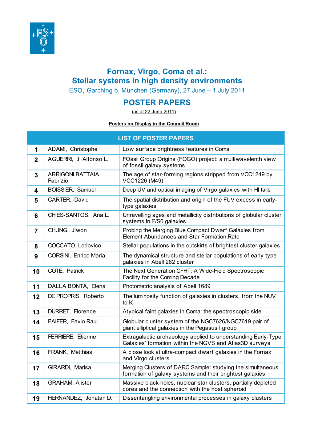 Fornax, Virgo, Coma Et Al.: Stellar Systems in High Density Environments ESO, Garching B