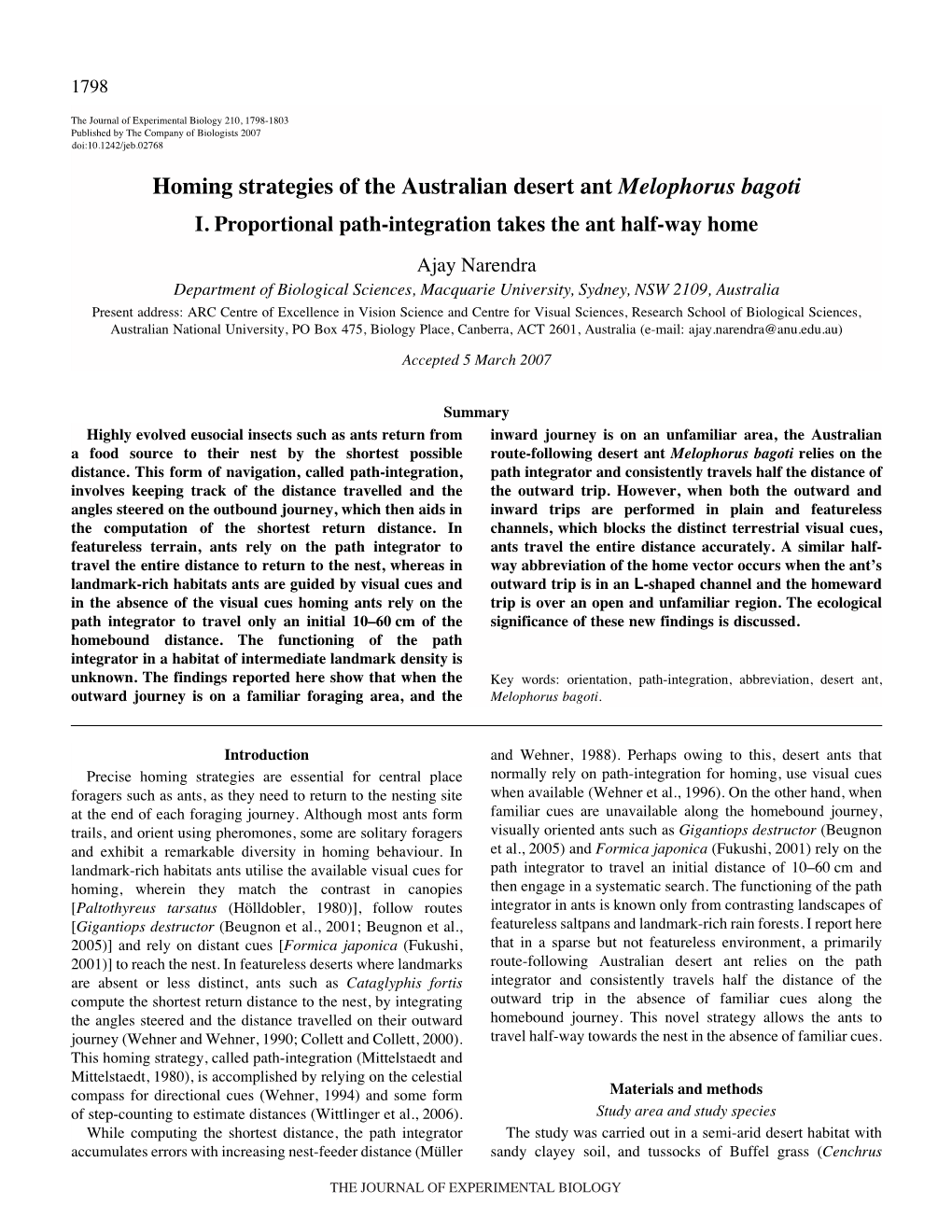 Homing Strategies of the Australian Desert Ant Melophorus Bagoti I