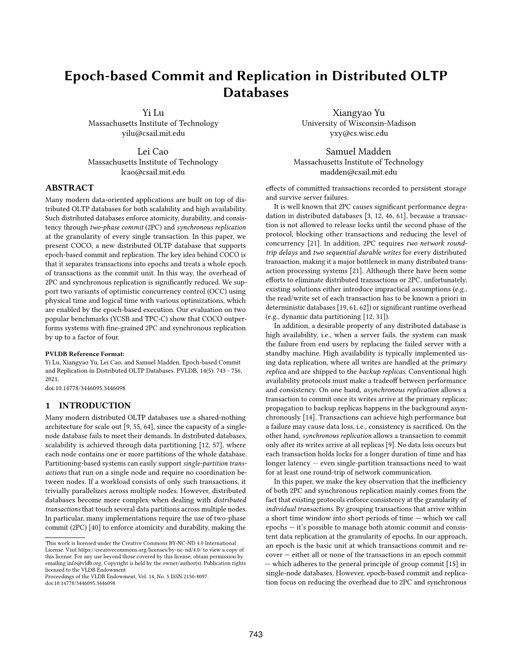 Epoch-Based Commit and Replication in Distributed OLTP Databases