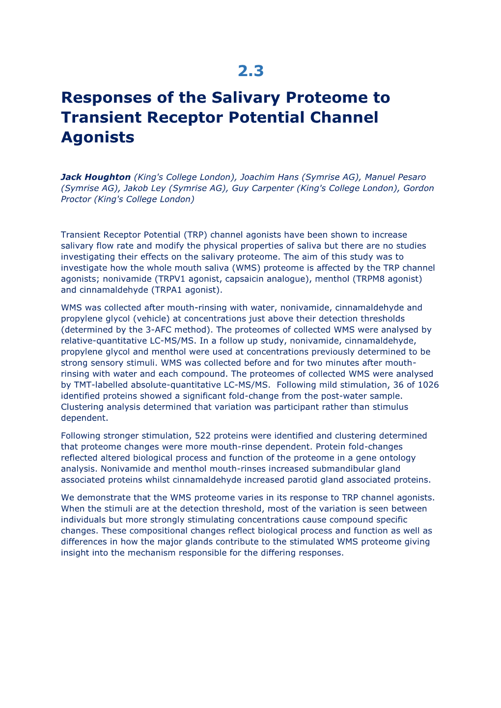 2.3 Responses of the Salivary Proteome to Transient Receptor Potential Channel Agonists