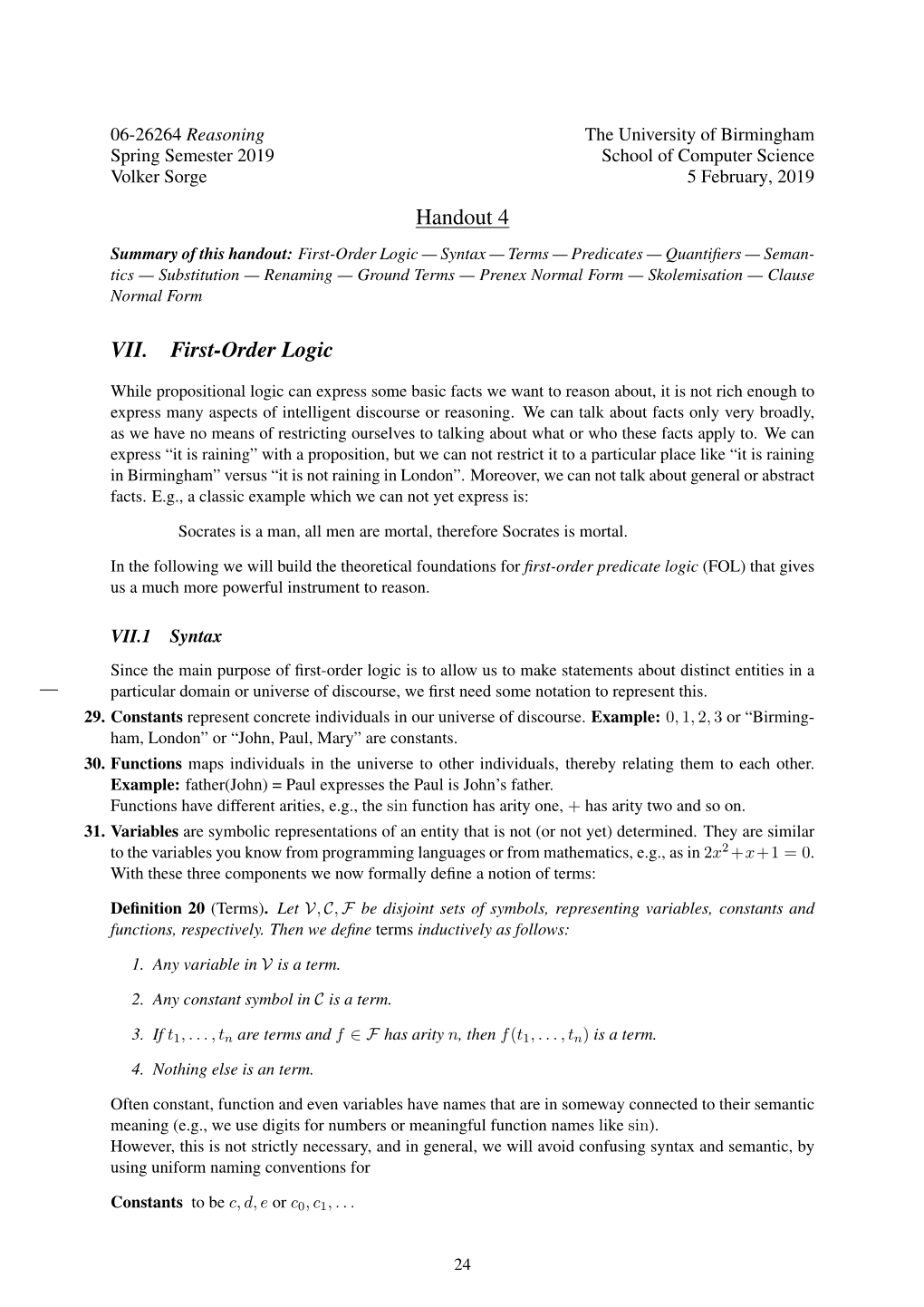 Handout 4 VII. First-Order Logic