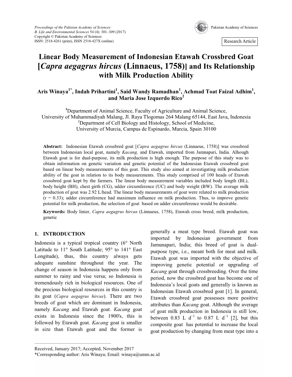 [Capra Aegagrus Hircus (Linnaeus, 1758)] and Its Relationship with Milk Production Ability