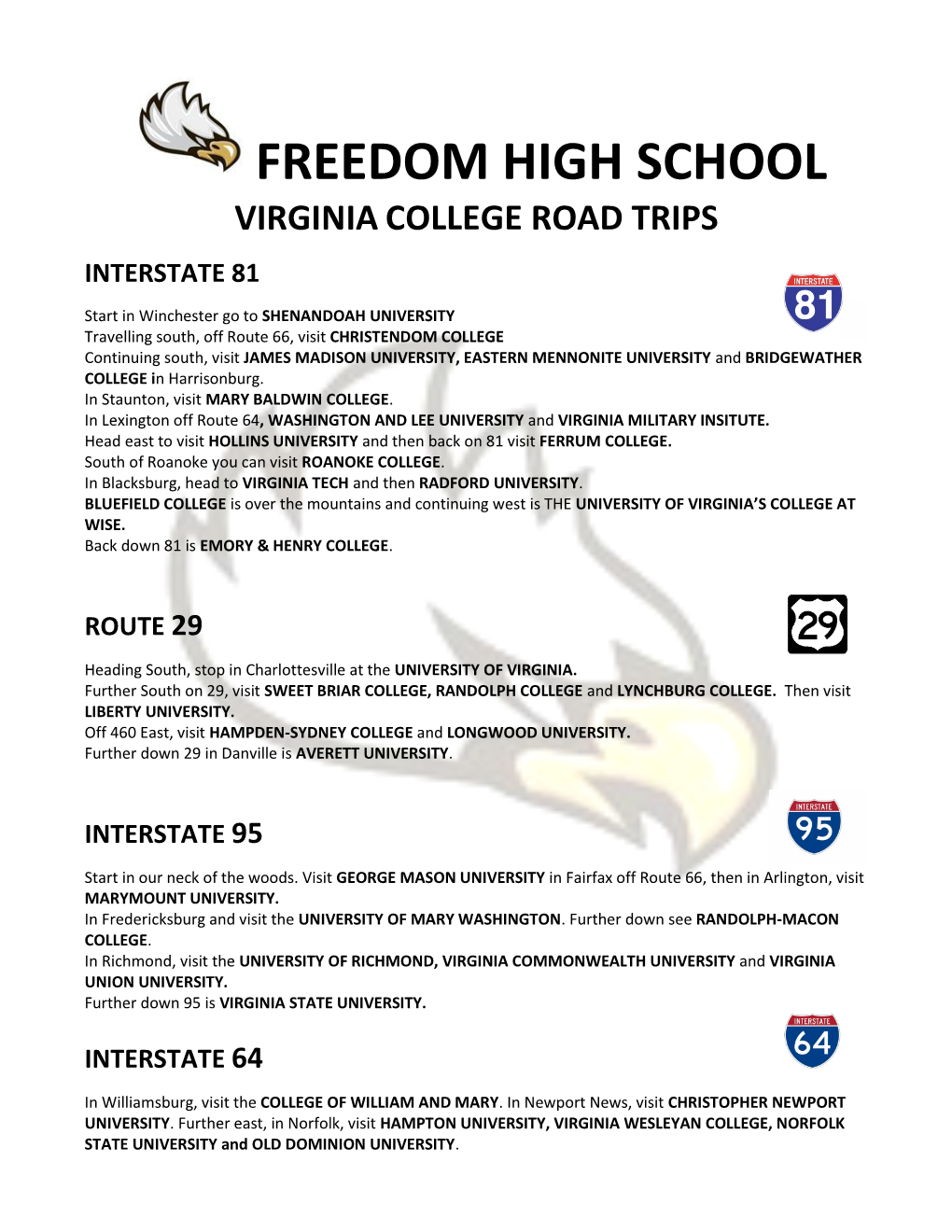 Freedom High School Virginia College Road Trips Interstate 81