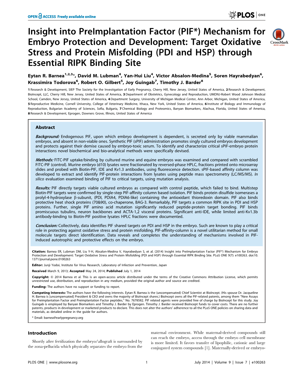 Insight Into Preimplantation Factor (PIF*) Mechanism for Embryo