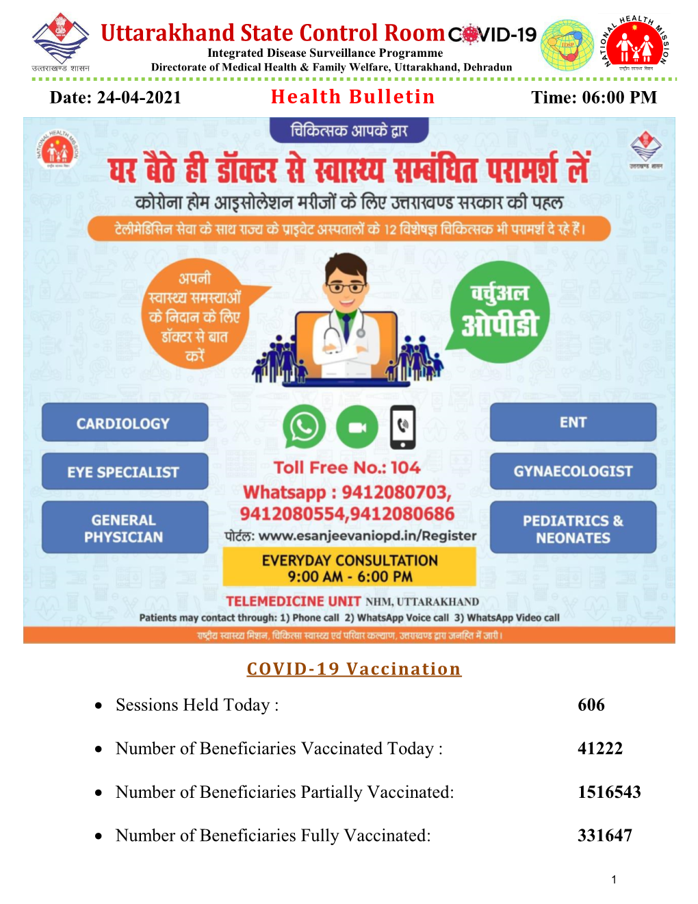 Health Bulletin COVID 19 Uttarakhand 24 April 2021