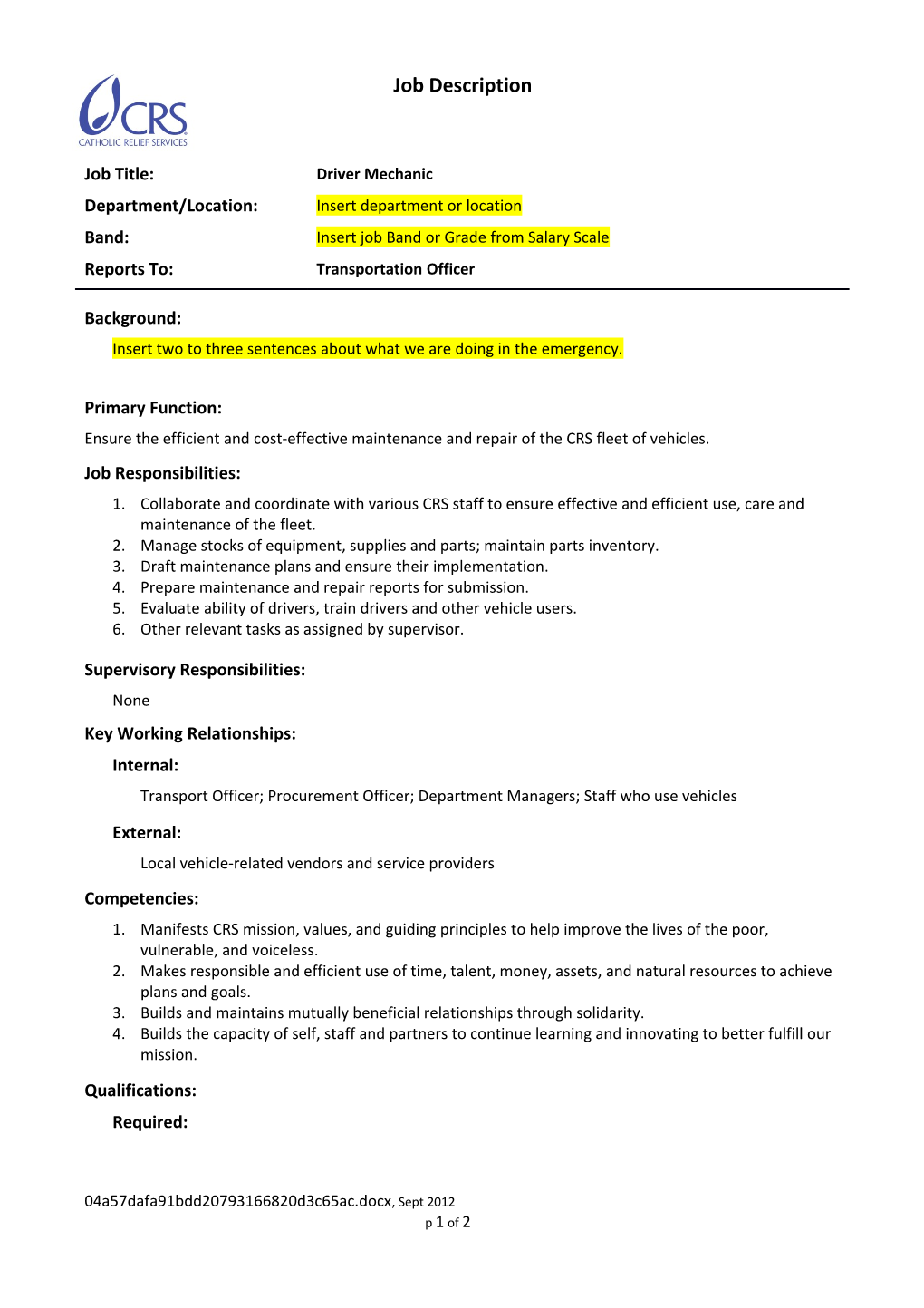 Job Description Driver, Sept 2012 P 1 of 2