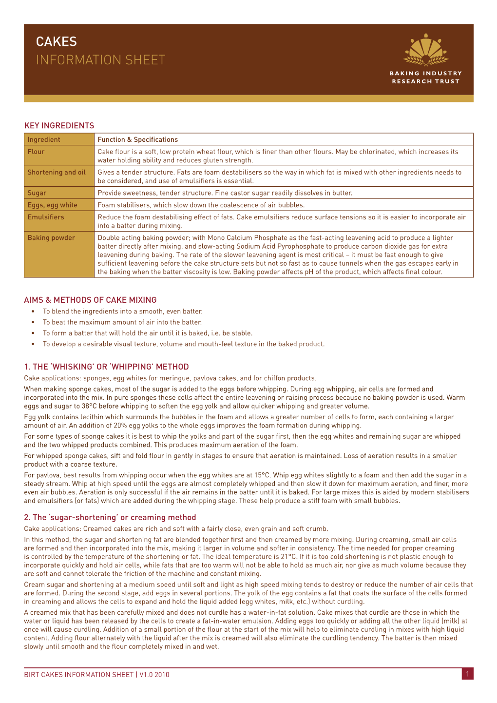 Cakes Information Sheet