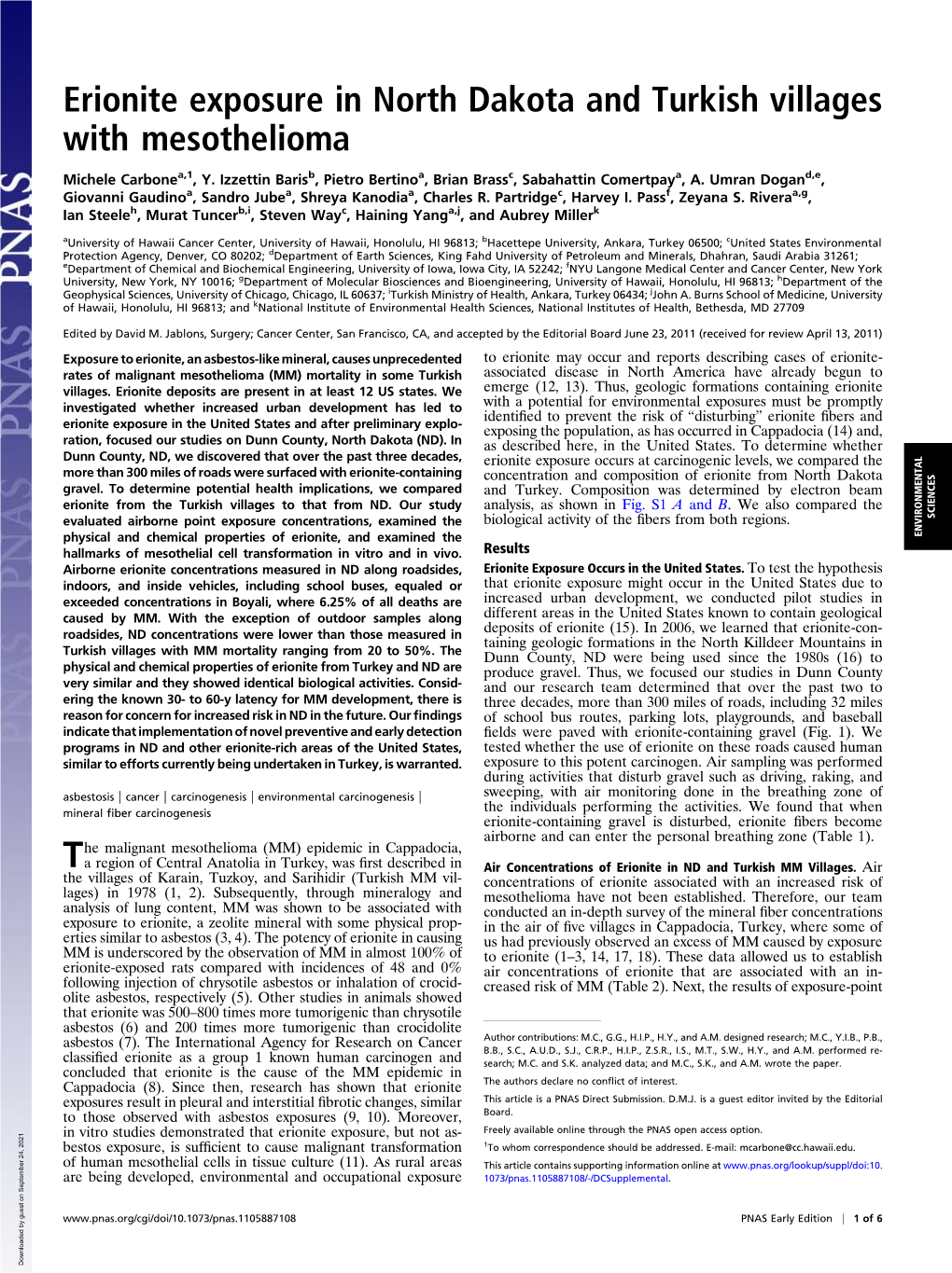 Erionite Exposure in North Dakota and Turkish Villages with Mesothelioma