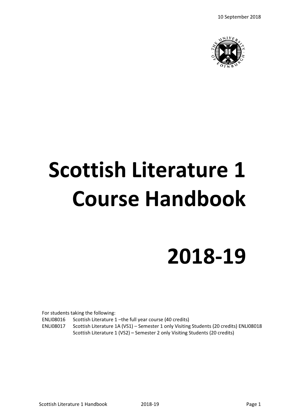 Scottish Literature 1 Course Handbook 2018-19