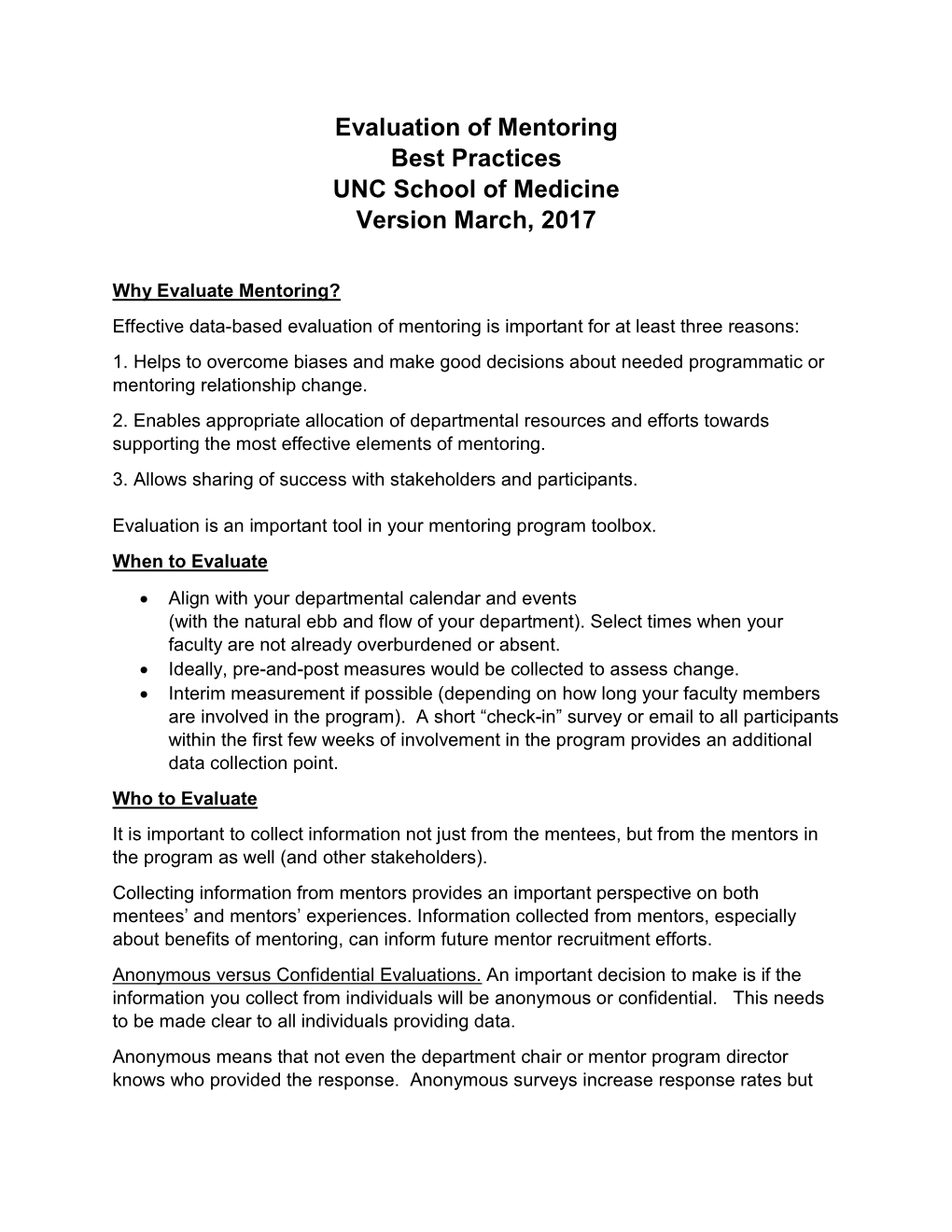 Evaluation of Mentoring Best Practices UNC School of Medicine Version March, 2017