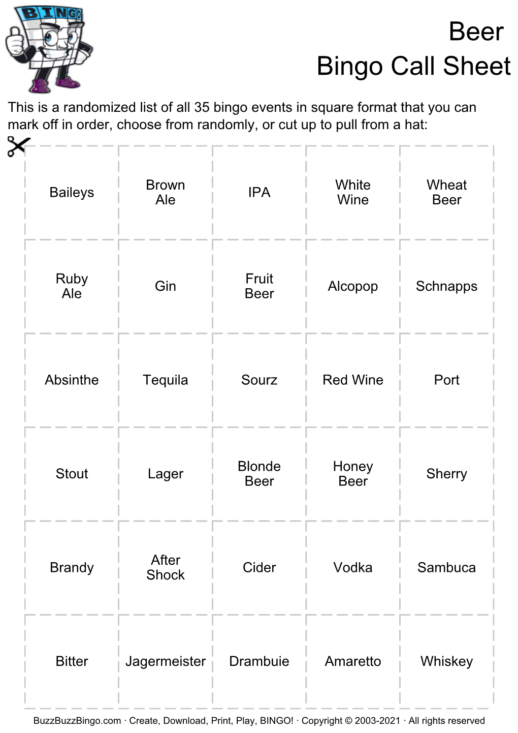 Beer Bingo Call Sheet
