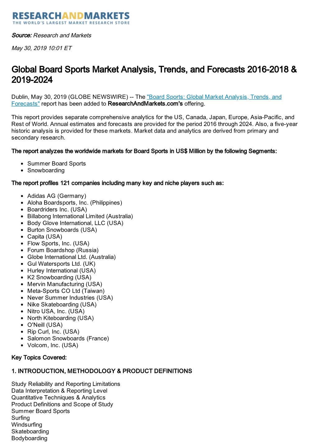 Global Board Sports Market Analysis, Trends, and Forecasts 2016-2018 & 2019-2024