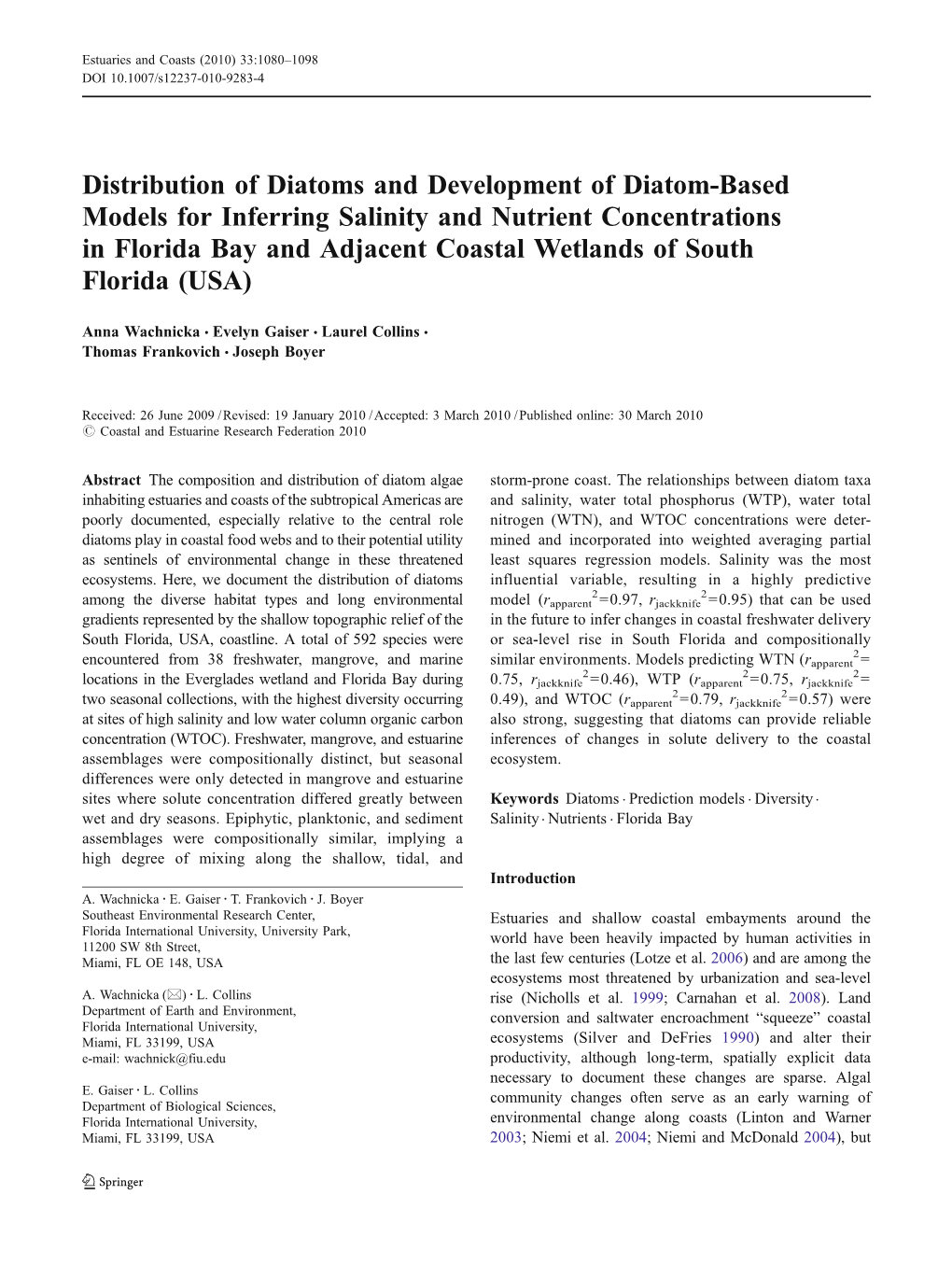 Distribution of Diatoms and Development of Diatom-Based